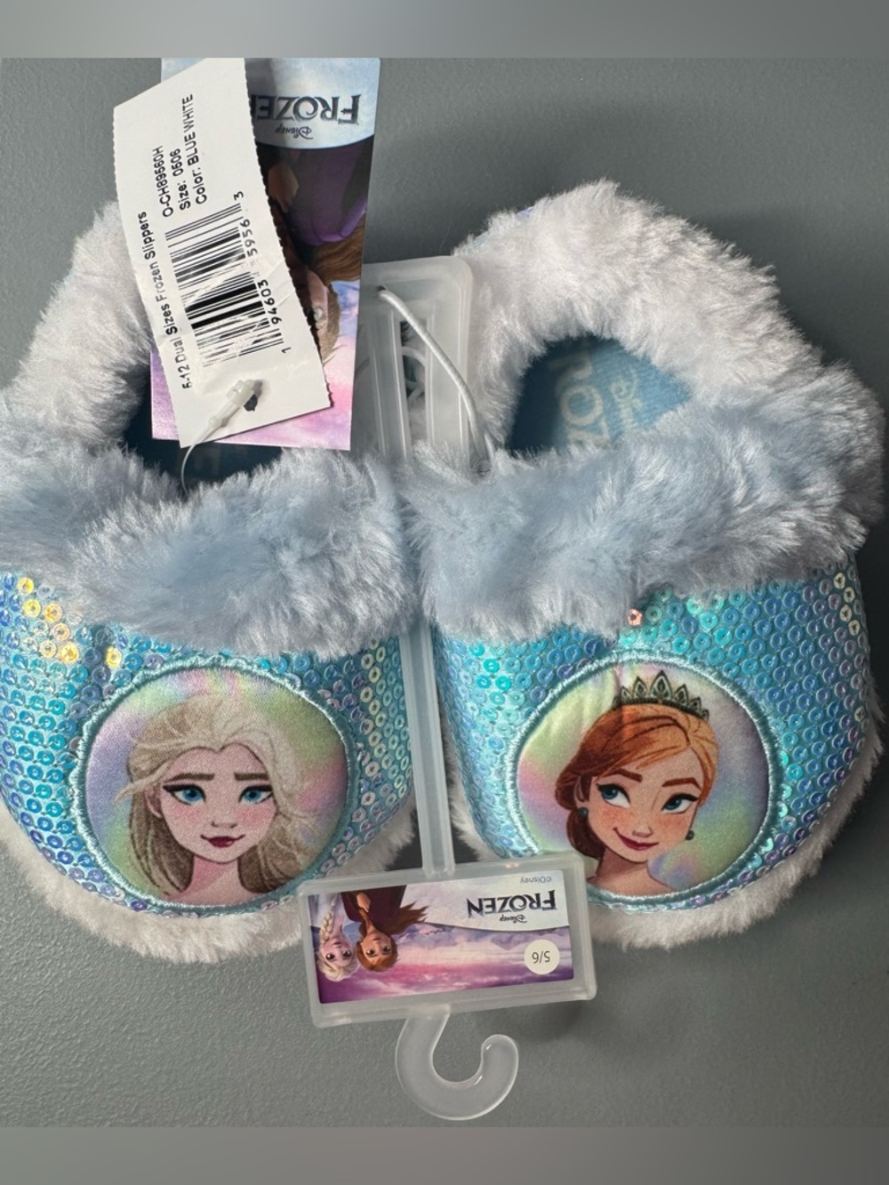 Disney Frozen Elsa & Anna Sequin Slippers iridescent faux fur slip-ons size 5/6